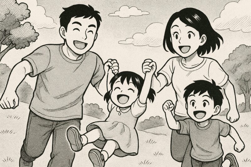 楽しく遊ぶ4人の家族