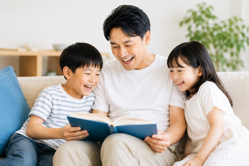 リビングで本を読む父親と子供たち