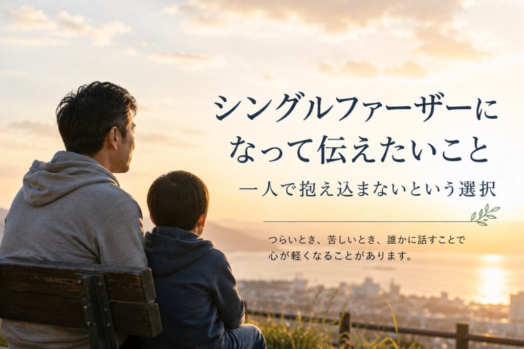 子供と夕陽を眺める父親