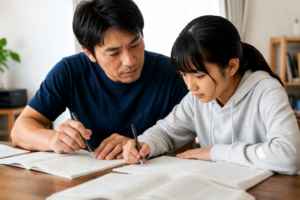 子供と勉強する父親