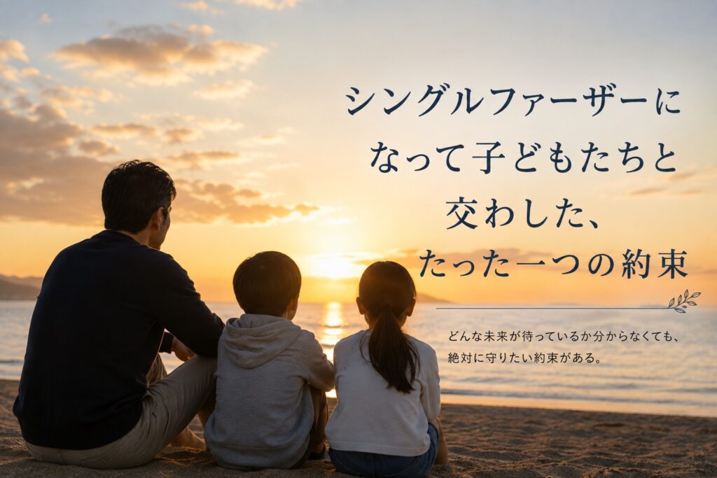 浜辺で夕陽を眺める家族