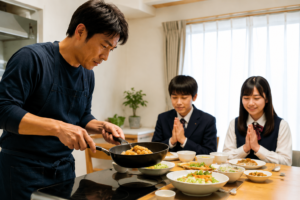 子供の朝食を作る父