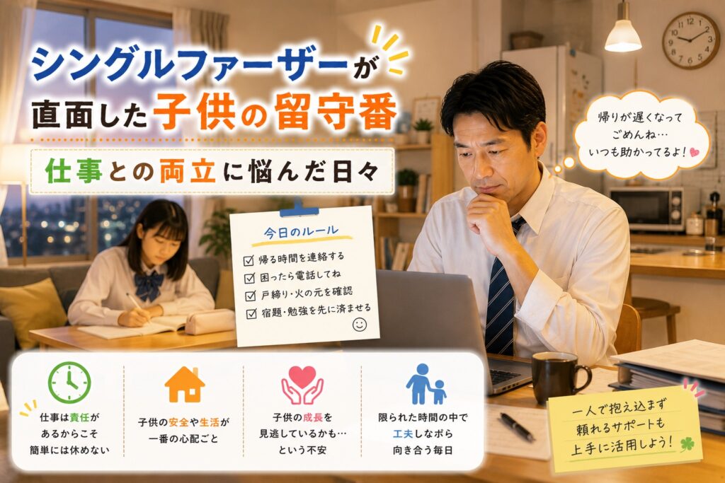 家族のことを考えながら、リビングで物思いに耽る父親