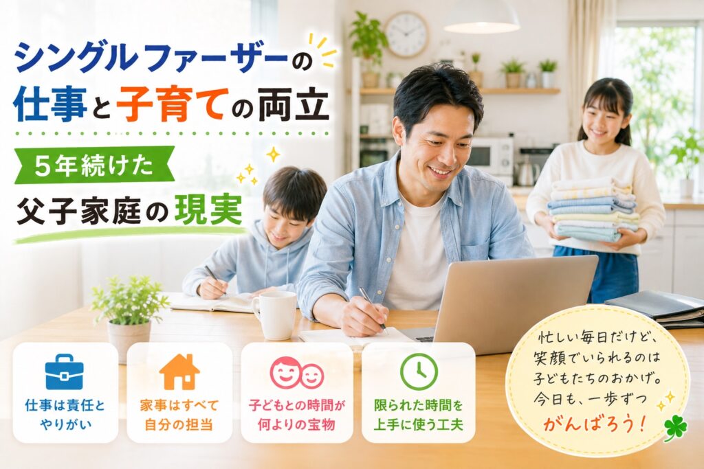 仕事をする父親と勉強する長男、洗濯をする長女。