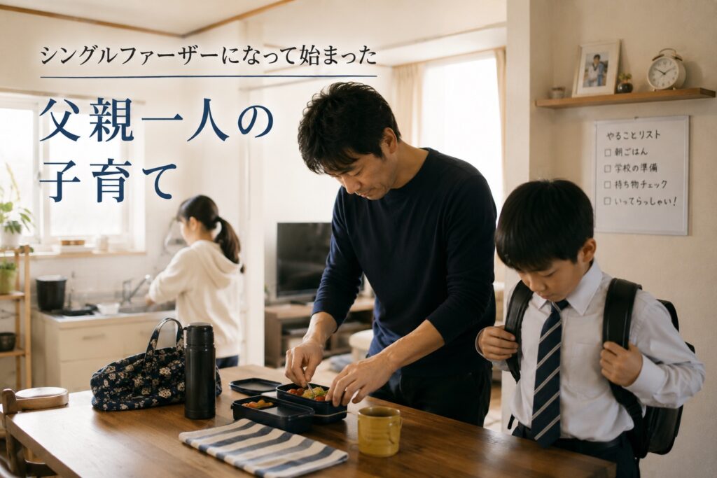 朝の支度をしながら子どもの弁当を作るシングルファーザーと、登校準備をする子どもたち