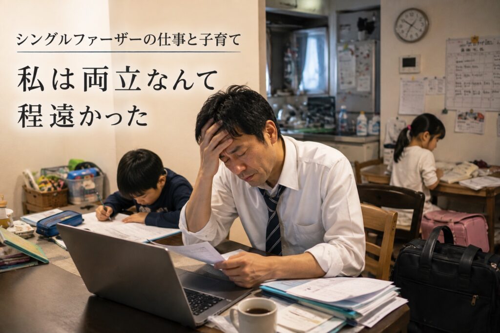 リビングで仕事をしながら、子供達の宿題を見ている忙しそうな父親