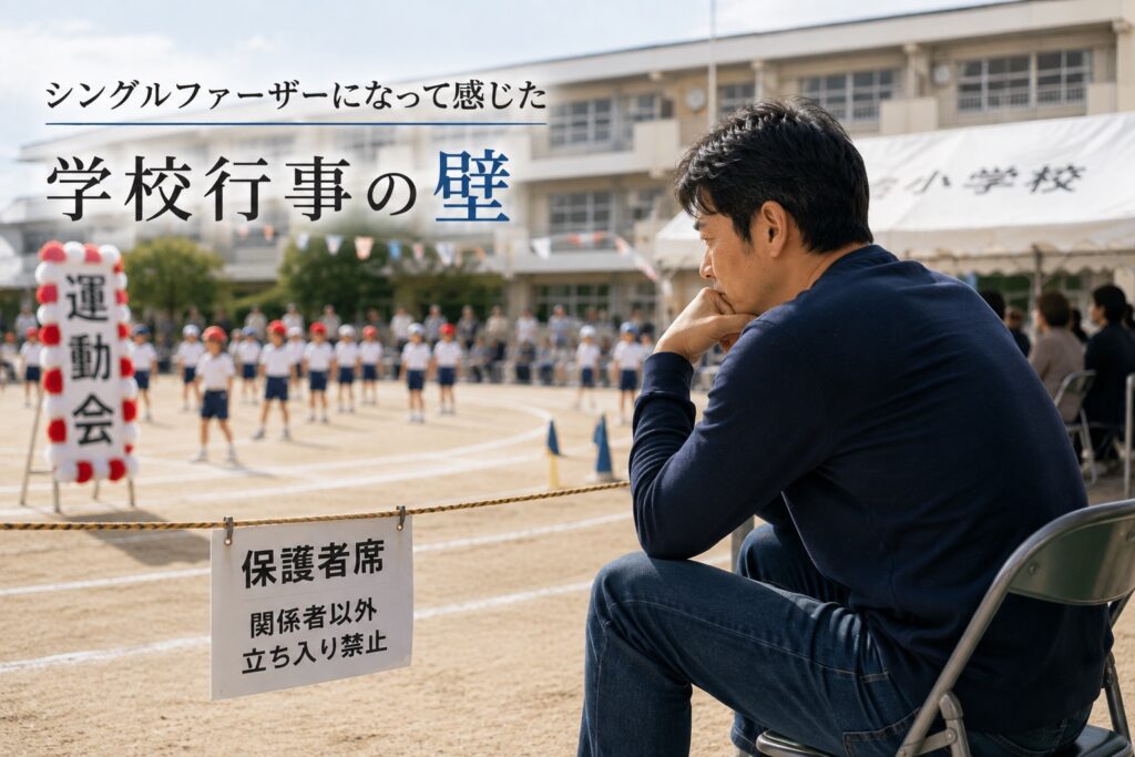 運動会に参加したシングルファーザーが、運動会を見ながら物思いに耽る姿