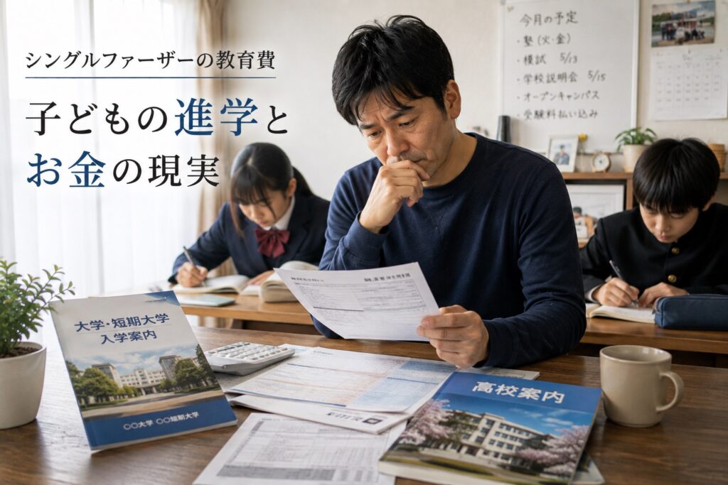 子供の進学先のパンフレットを見ながら物思いに耽る父親