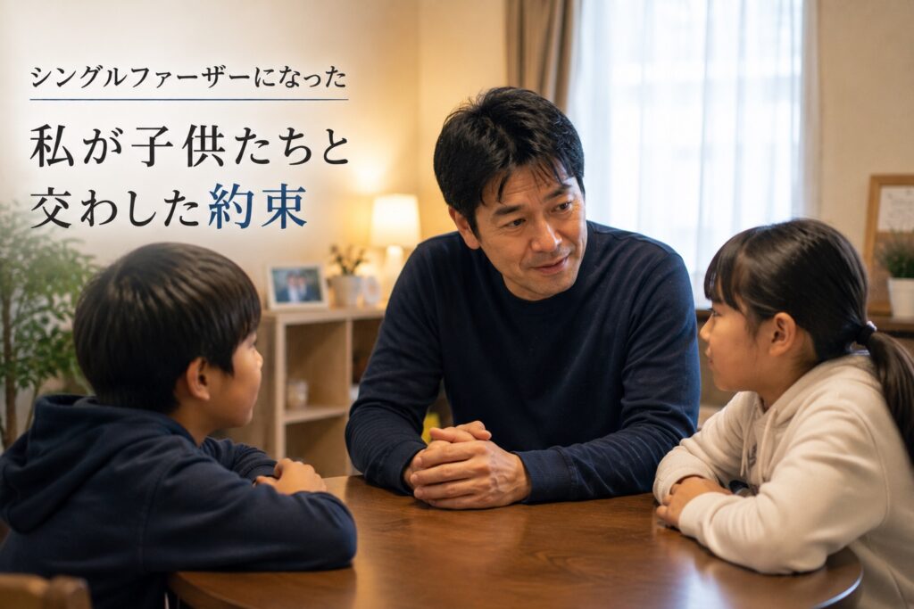 リビングで父親と2人の子供たちが話し込んでいる姿