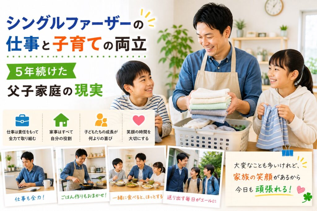 父親と片付ける子供たち