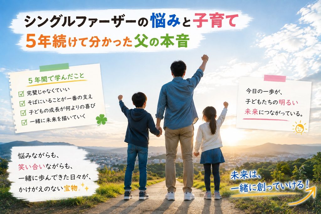 夕陽に向かって、これから頑張るぞっと意気込む家族