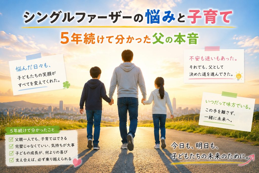 夕陽に向かって家族3人で歩く後ろ姿