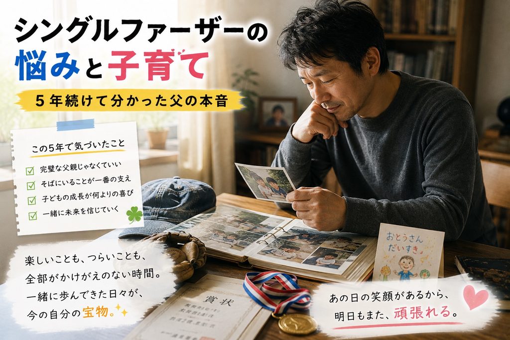 感慨深く家族との写真を見つめる父親