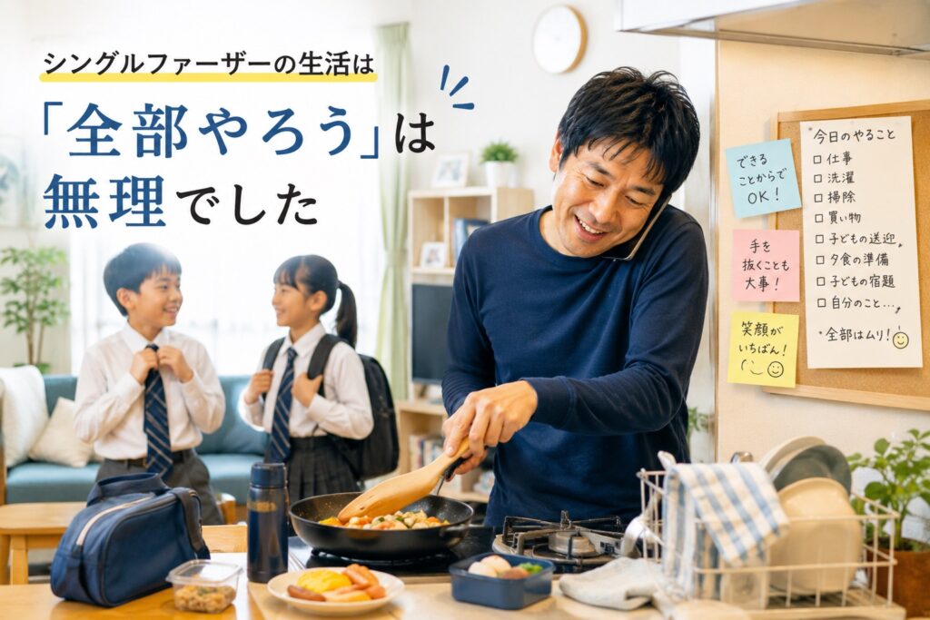 電話をしながら、料理をし、朝の準備を進める父親