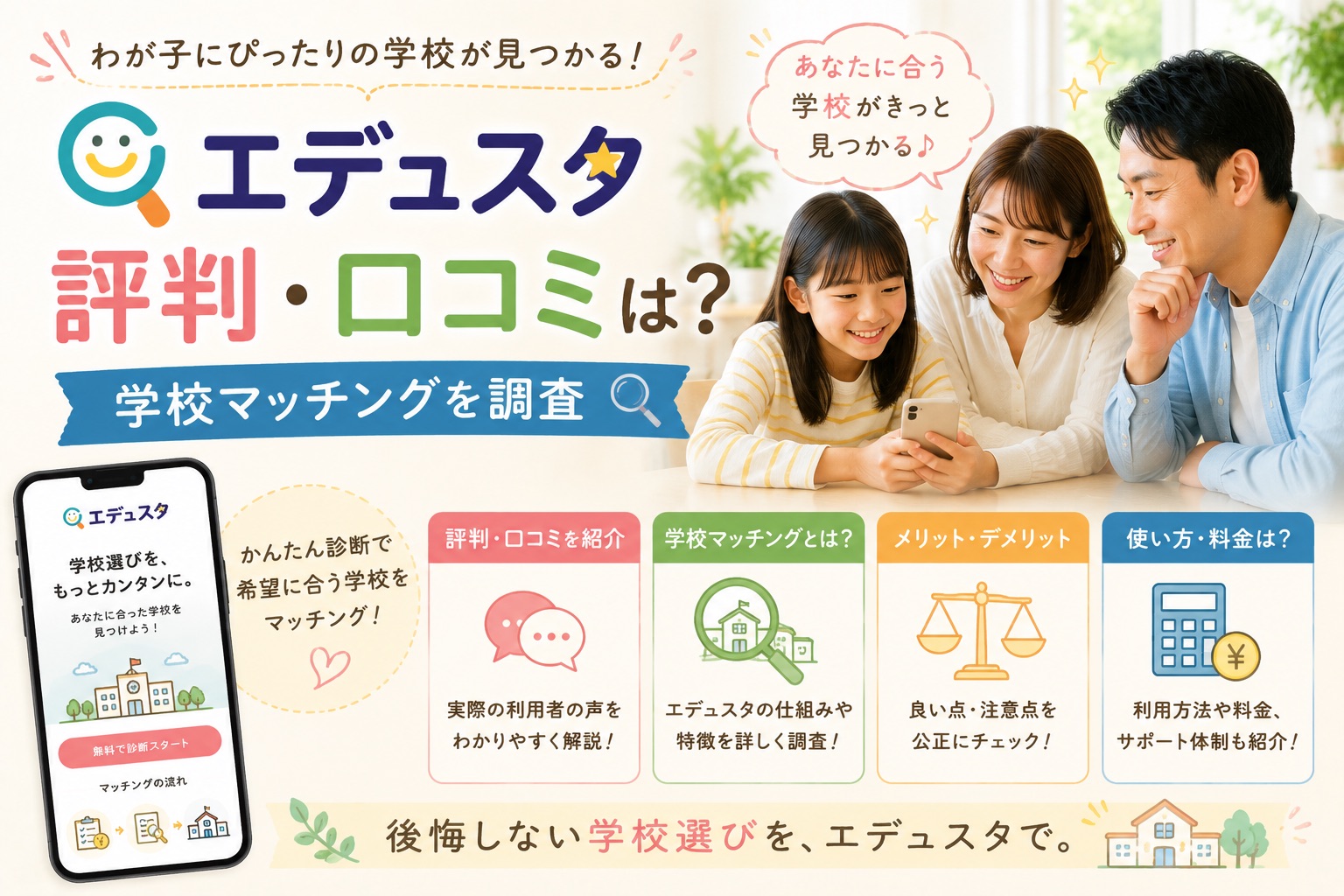 エデュスタの評判・口コミや学校マッチングの仕組み、特徴を紹介するイメージ