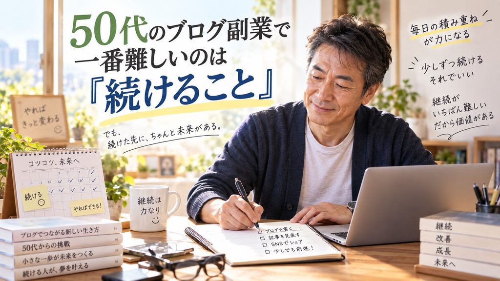 50代の会社員がブログ副業を無理なく続けるため、日々少しずつ作業を積み重ねている様子