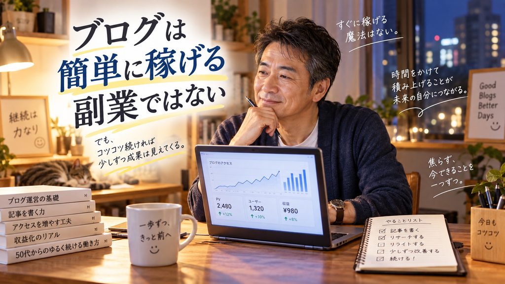 50代の会社員が夜にブログのアクセスや収益を確認しながら、少しずつ積み上げている様子