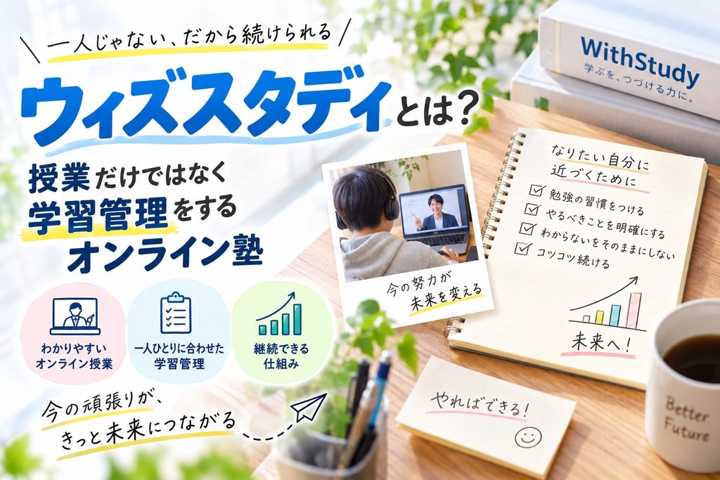 ウィズスタディが授業だけでなく、学習計画や進捗確認などの学習管理を行うオンライン塾であることを紹介するイメージ