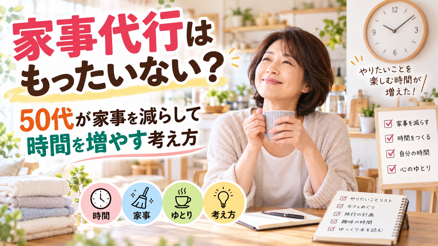 50代が家事代行を活用して家事の負担を減らし、自分の時間や心のゆとりを増やす考え方を表したイメージ