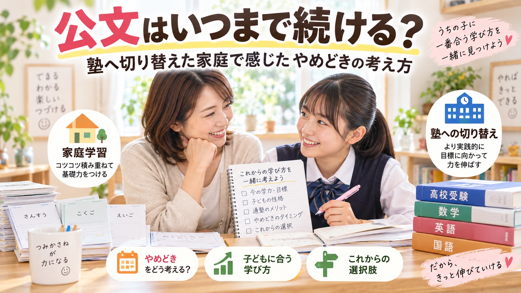公文をいつまで続けるか迷う親子が、塾への切り替えや子どもに合った学び方を一緒に考えている様子