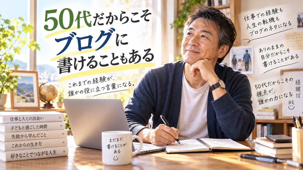 50代の会社員が仕事や子育てなどの人生経験をブログの記事に活かそうとしている様子