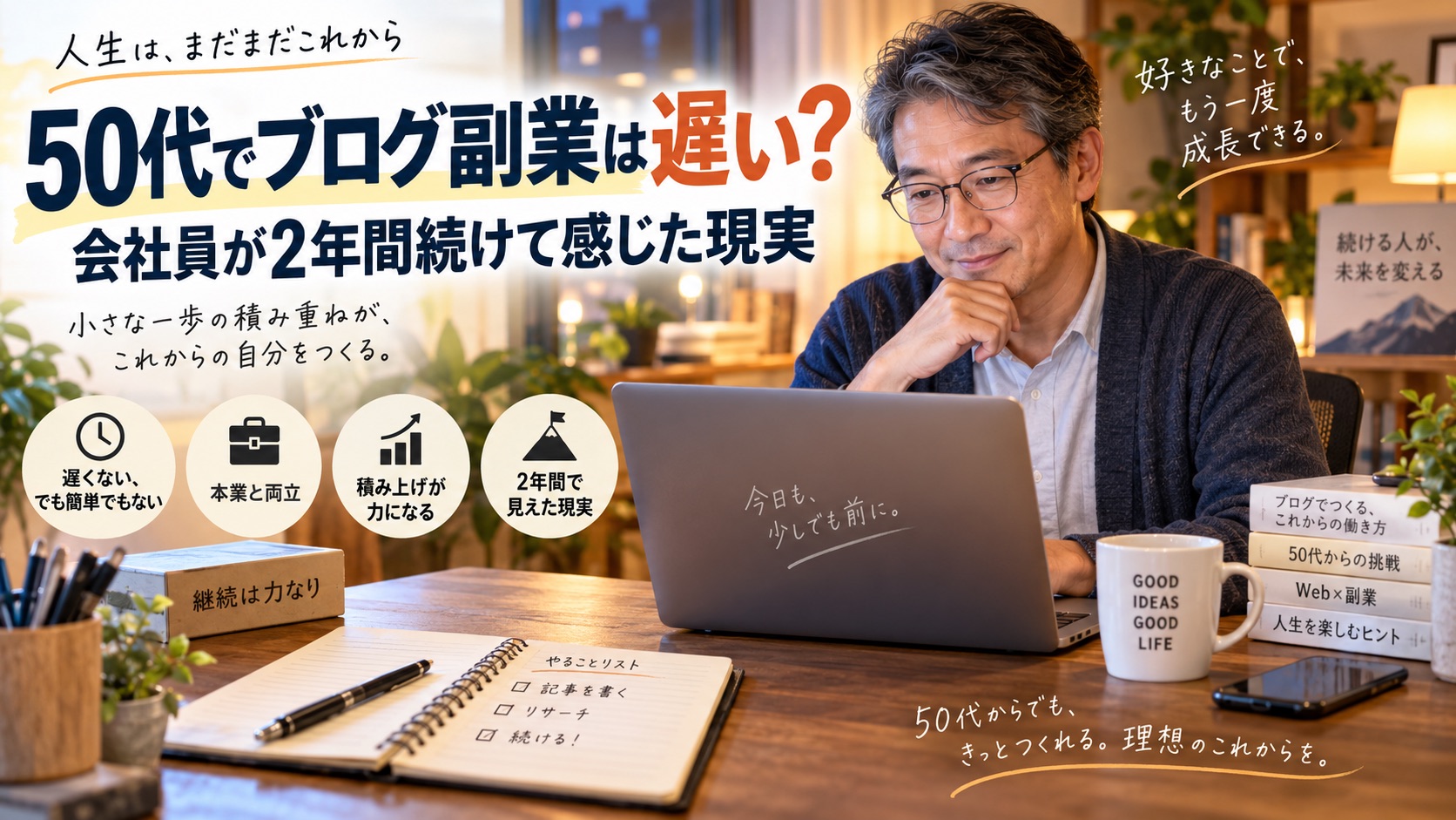 50代の会社員が自宅でパソコンに向かい、ブログ副業への新しい挑戦を前向きに考えている様子