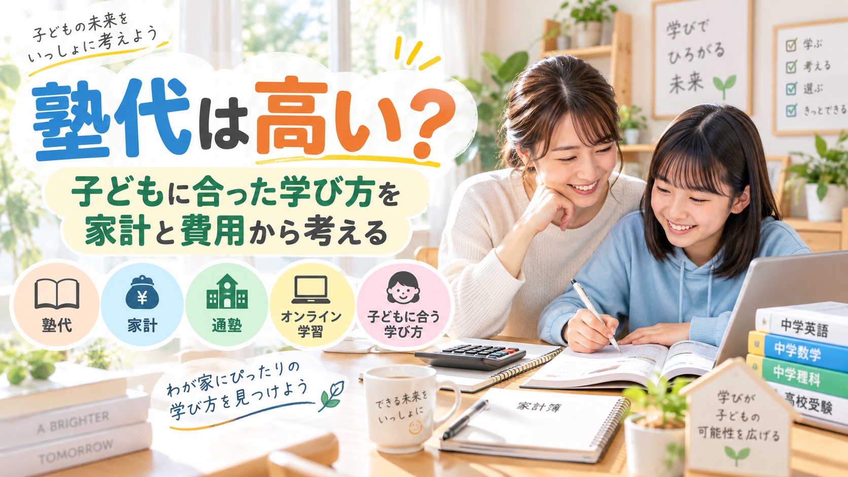 塾代は高いのかを考えながら、親子で子どもに合った学び方を家計や費用の面から検討している様子