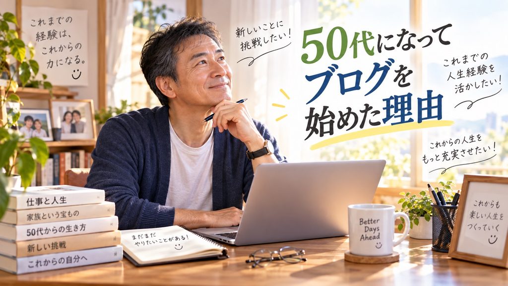 50代の会社員がこれまでの人生経験を振り返りながら、新しくブログを始める理由を考えている様子