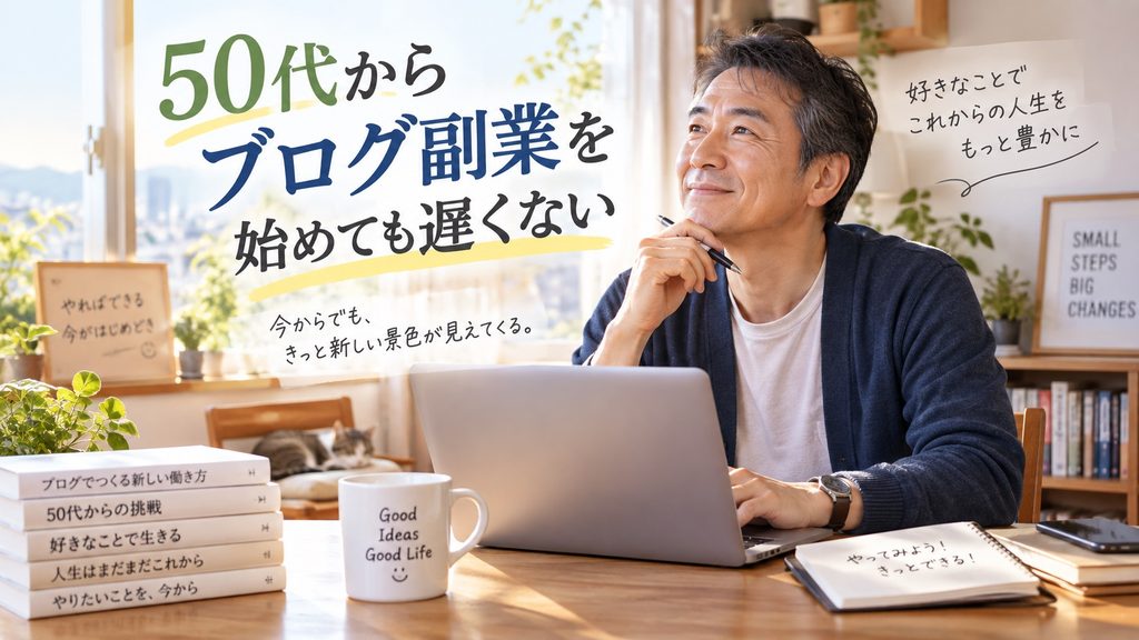 50代の会社員が自宅でパソコンに向かい、ブログ副業への新しい挑戦を前向きに考えている様子