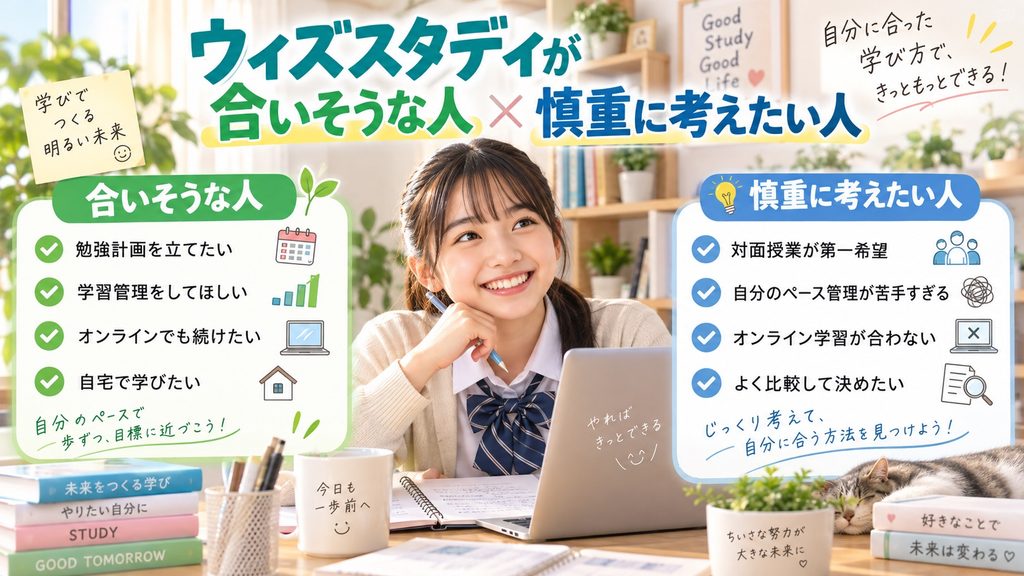 ウィズスタディが合いそうな人と慎重に検討したい人の特徴を比較し、自分に合う学び方を考えるイメージ