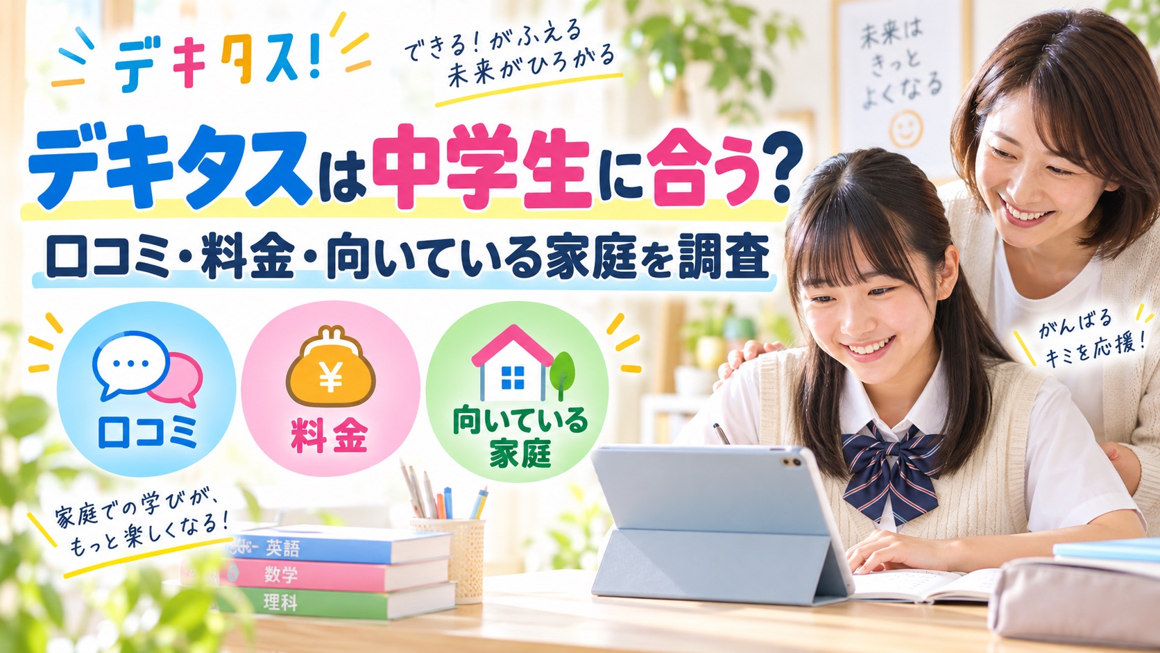 デキタスが中学生に合うかを調べるために、親子がタブレット学習を見ながら口コミや料金、向いている家庭について考えている様子