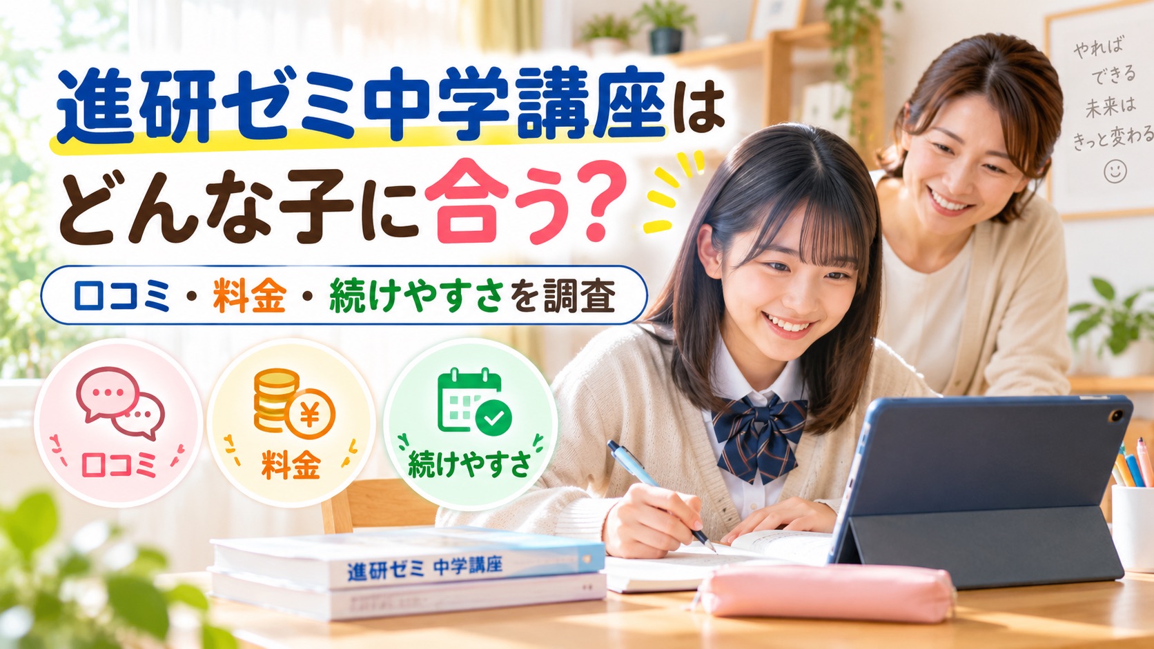 進研ゼミ中学講座がどんな子に合うかを知るために、親子で口コミや料金、続けやすさを確認しているイメージ