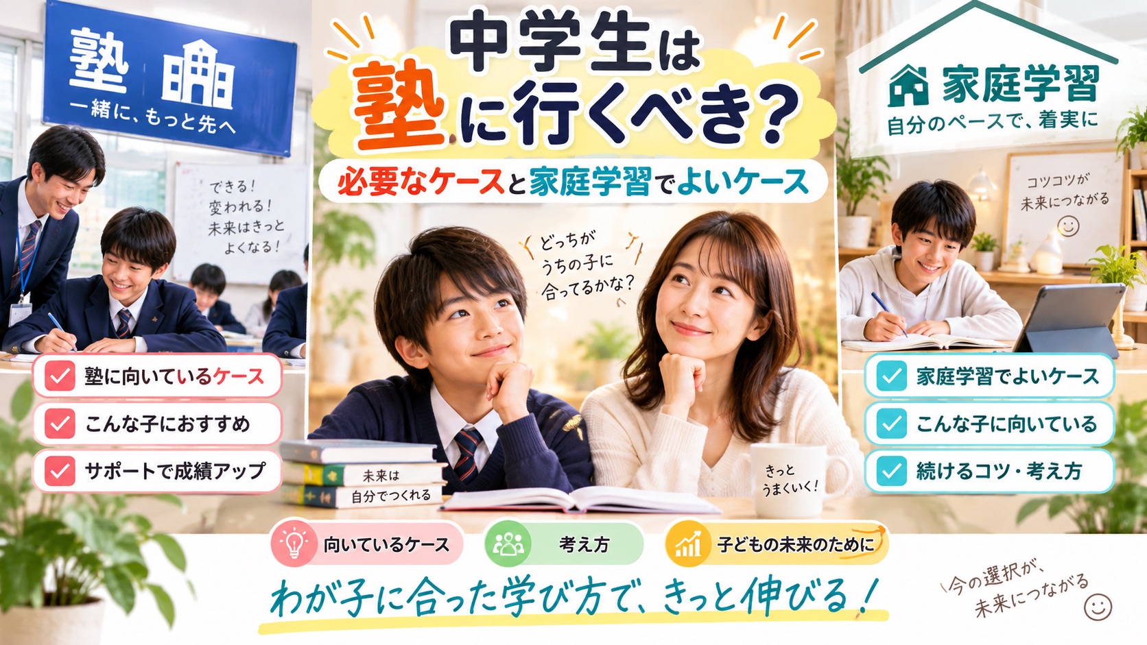 中学生が塾に行くべきか、それとも家庭学習でよいかを、親子で子どもに合った学び方として比較しながら考えている様子