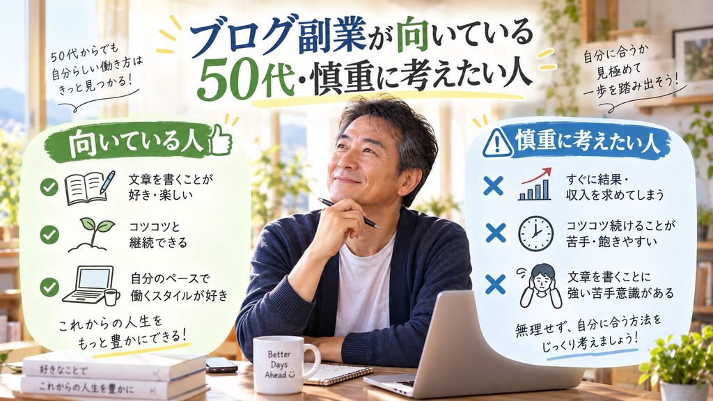 50代の会社員がブログ副業に向いている人と慎重に考えたい人の特徴を比較しているイメージ