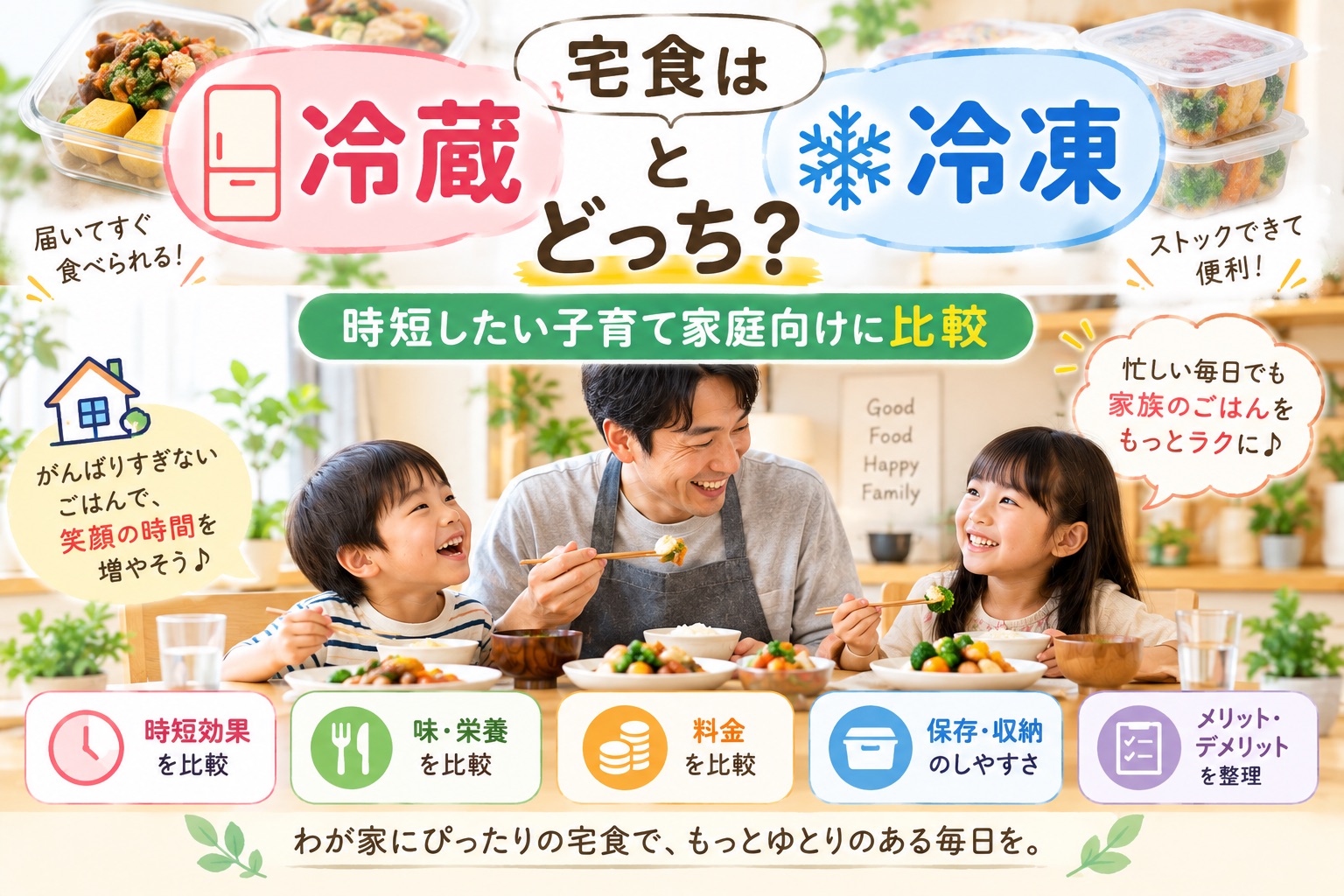 宅食は冷蔵と冷凍のどちらが時短したい子育て家庭に向いているか、特徴や違いを比較するイメージ