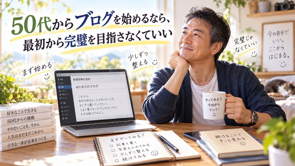 50代の会社員が完璧を求めすぎず、できることから少しずつブログを始めている様子