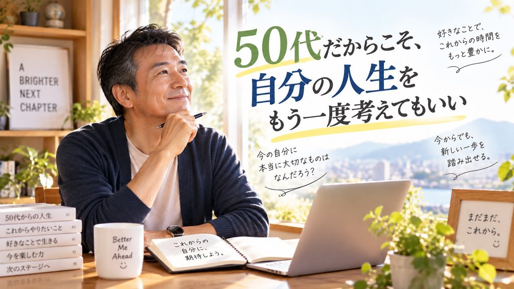 50代の会社員がこれからの働き方や人生について前向きに考えている様子