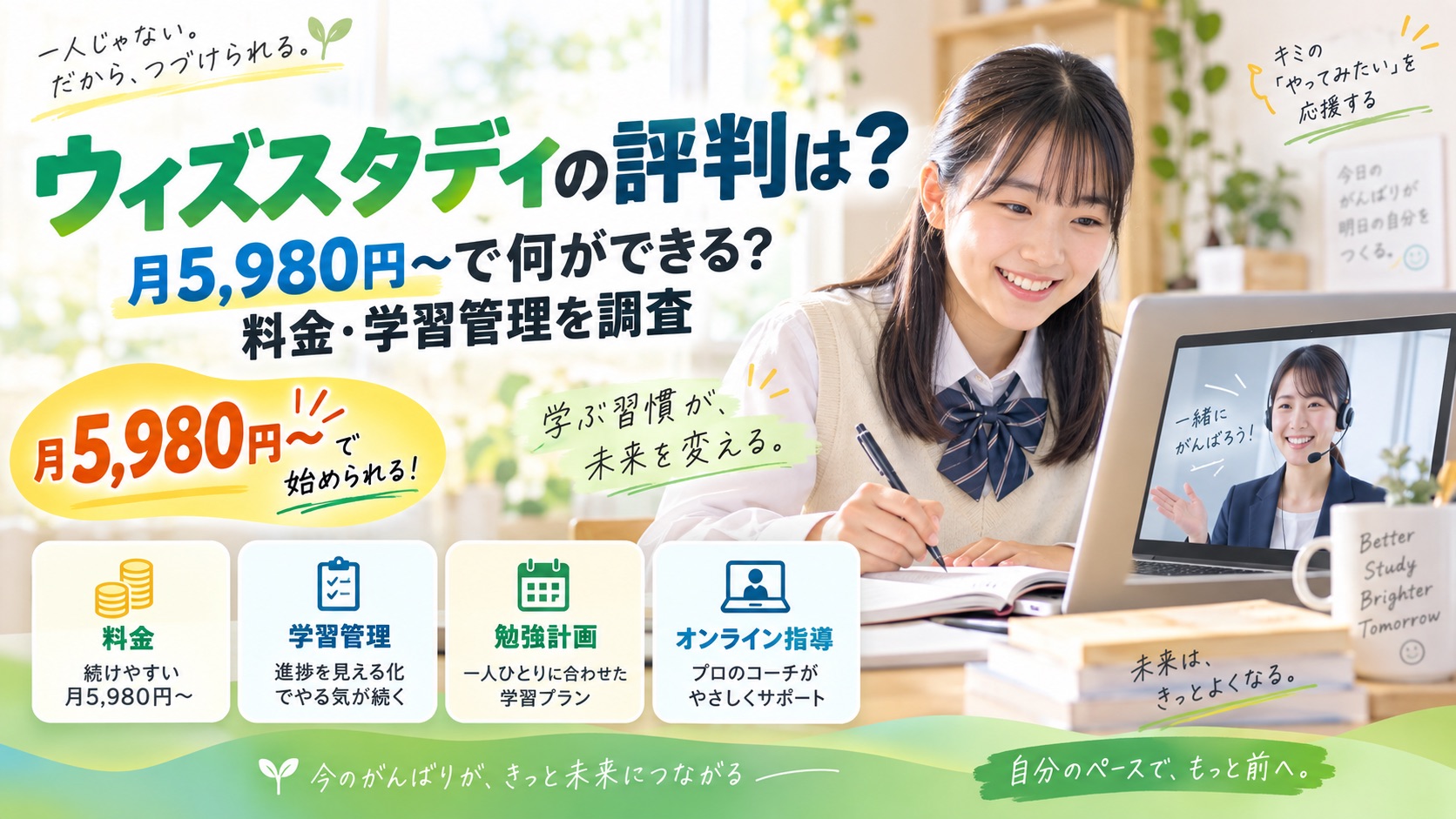 ウィズスタディの評判や月5,980円からの料金、学習管理やオンライン指導の特徴を紹介するイメージ