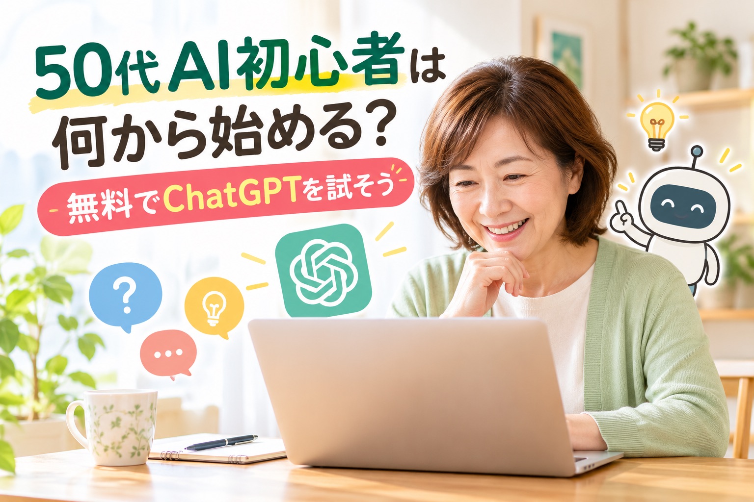50代のAI初心者が自宅でChatGPTを試しながら、質問や使い方を学び始めている様子