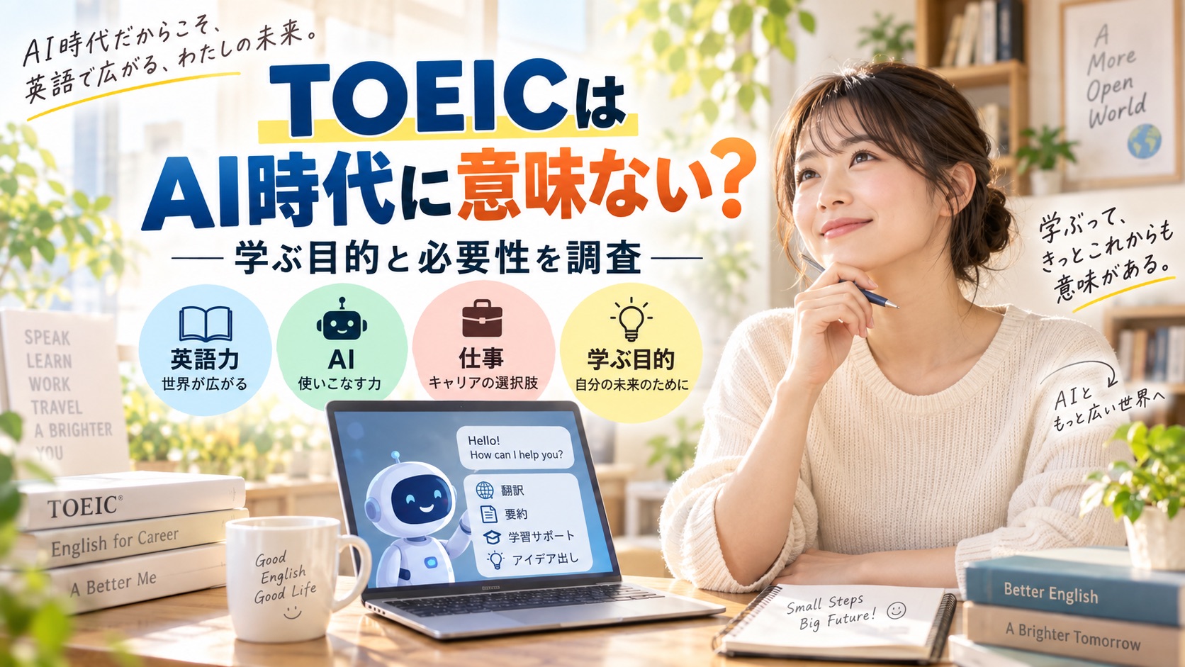 AI時代にTOEICを学ぶ意味や目的、英語力の必要性について考えるイメージ