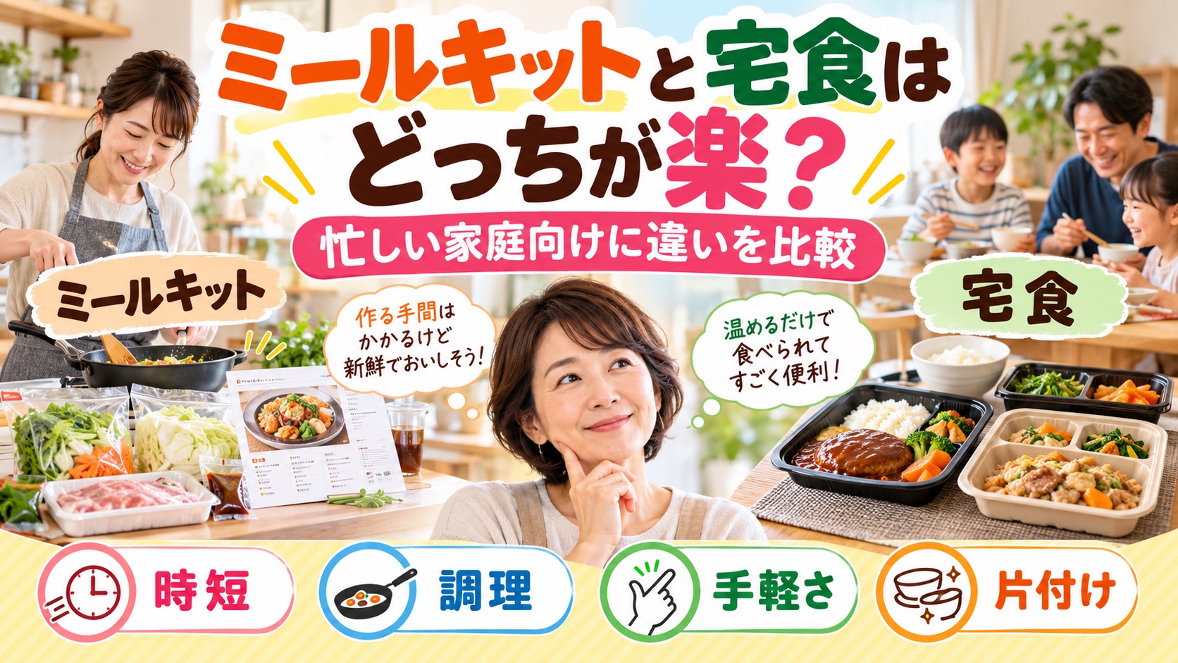 ミールキットと宅食のどちらが忙しい家庭にとって楽なのかを、調理の手間や時短、手軽さの違いから比較しているイメージ