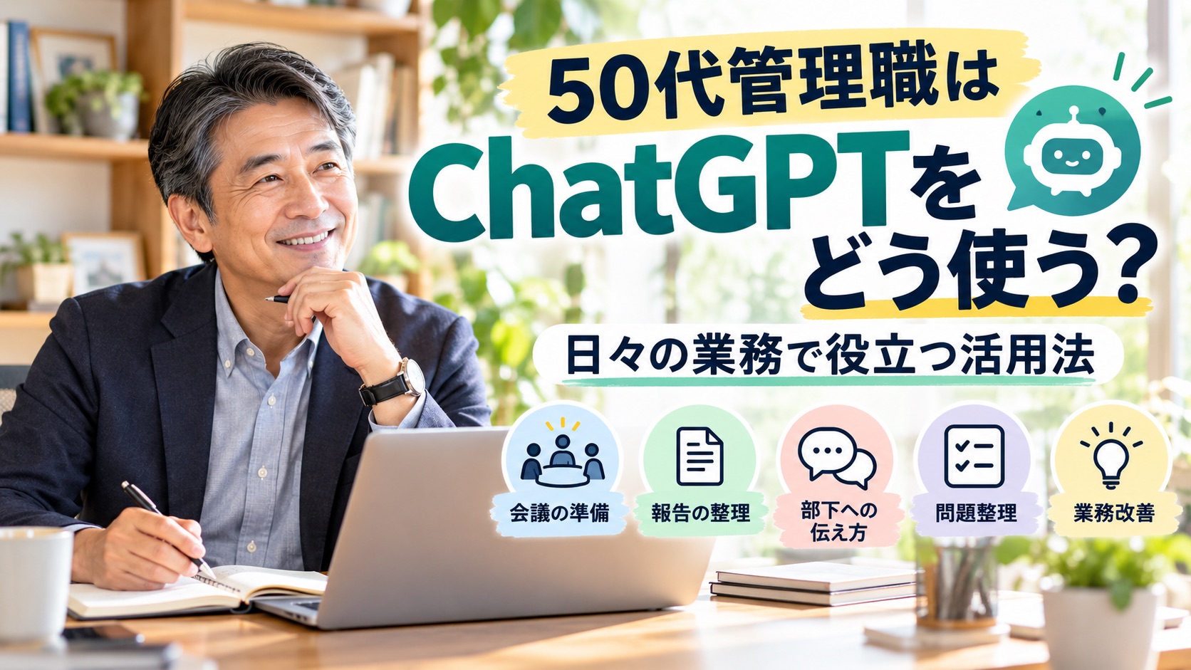50代の管理職がノートとパソコンを使いながら、会議準備や報告整理、部下への伝え方など日々の業務にChatGPTを活用しているイメージ