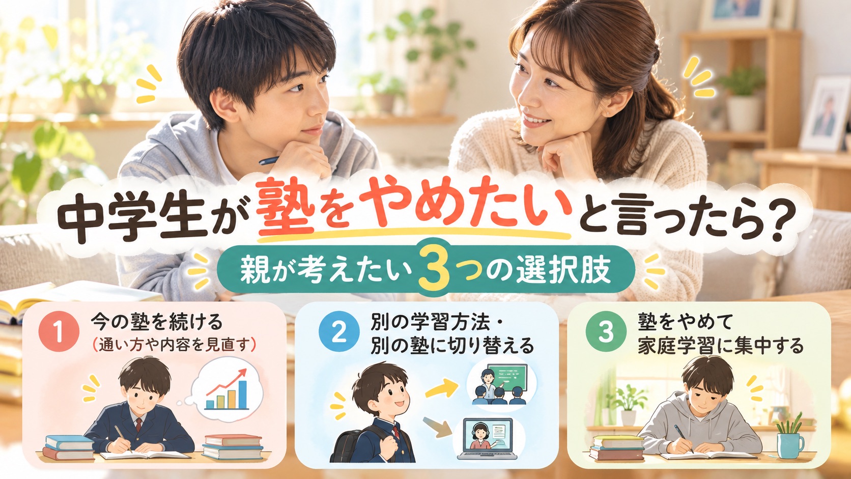 中学生が塾をやめたいと相談し、保護者と一緒に今の塾を続ける・別の学習方法に変える・家庭学習に切り替える選択肢を考えているイメージ