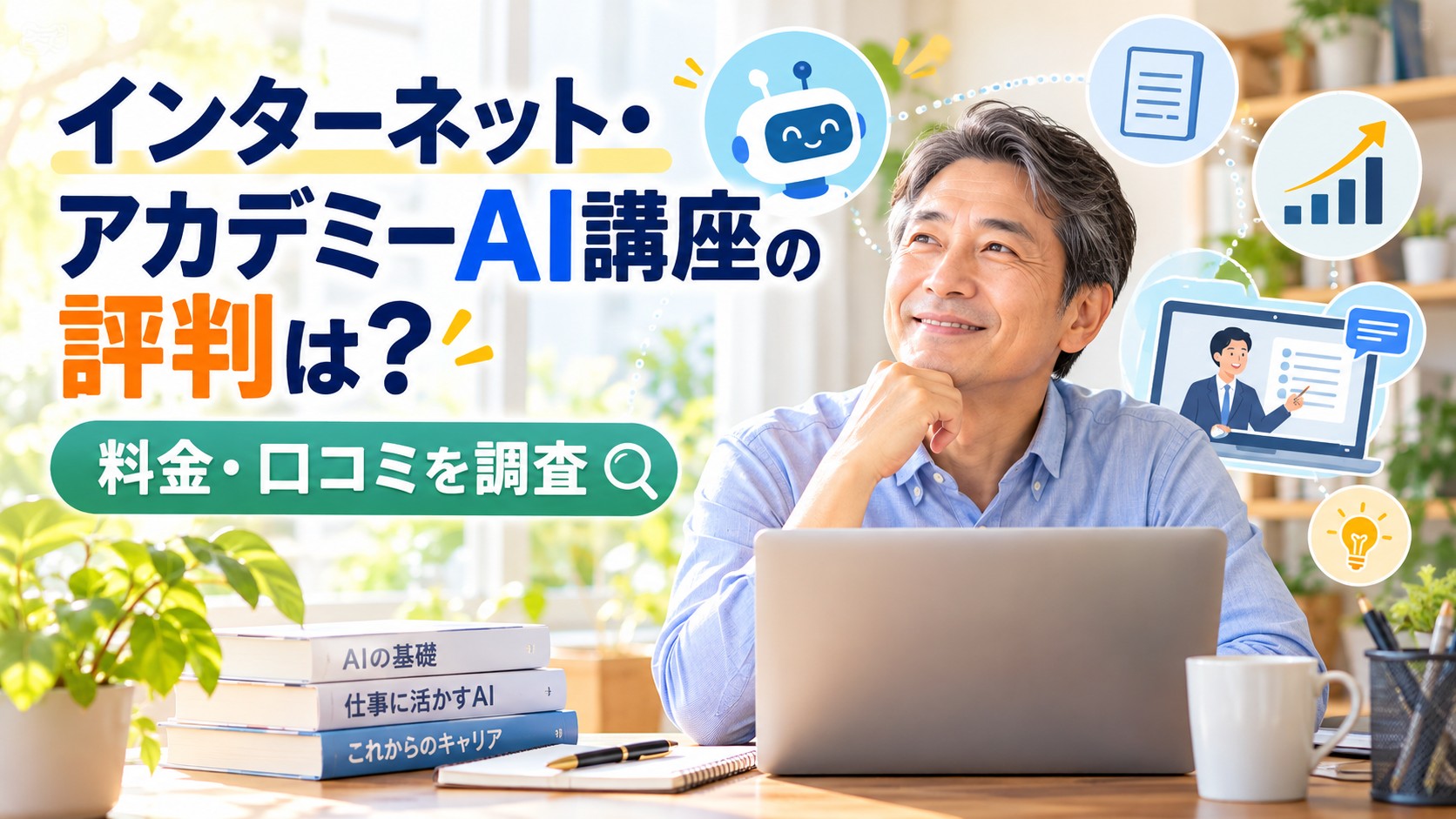インターネット・アカデミーのAI講座について、料金や口コミ、学習内容を確認しながら受講を検討している50代会社員のイメージ