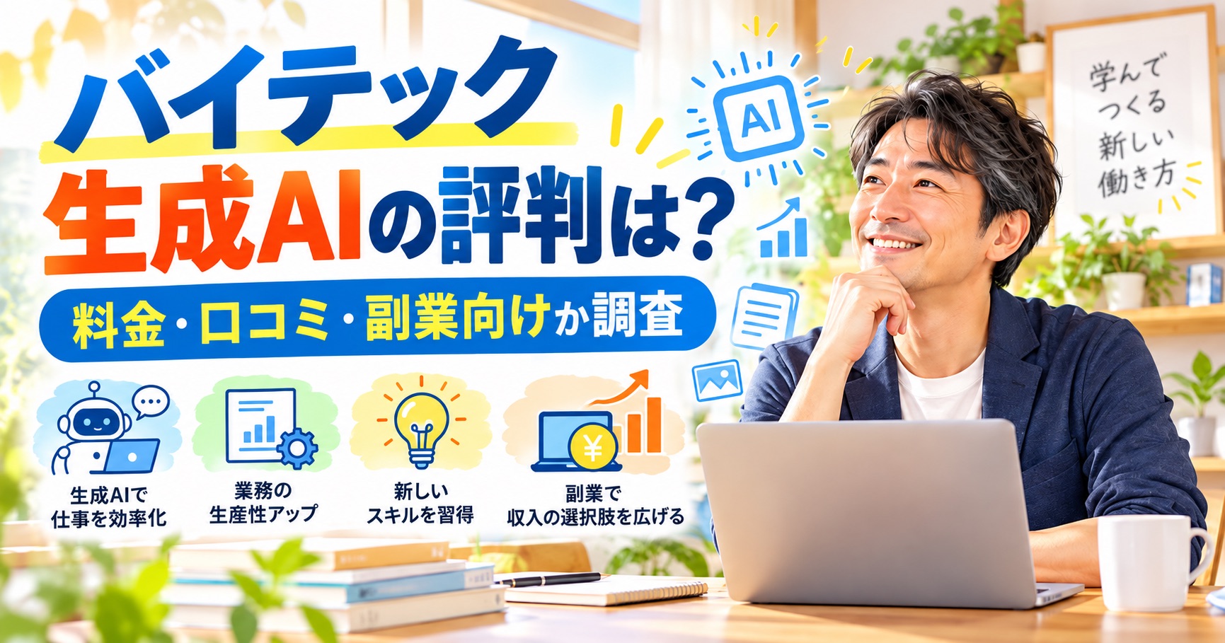 バイテック生成AIスクールについて、料金や口コミ、副業への活かし方を調べながら受講を検討している50代会社員のイメージ