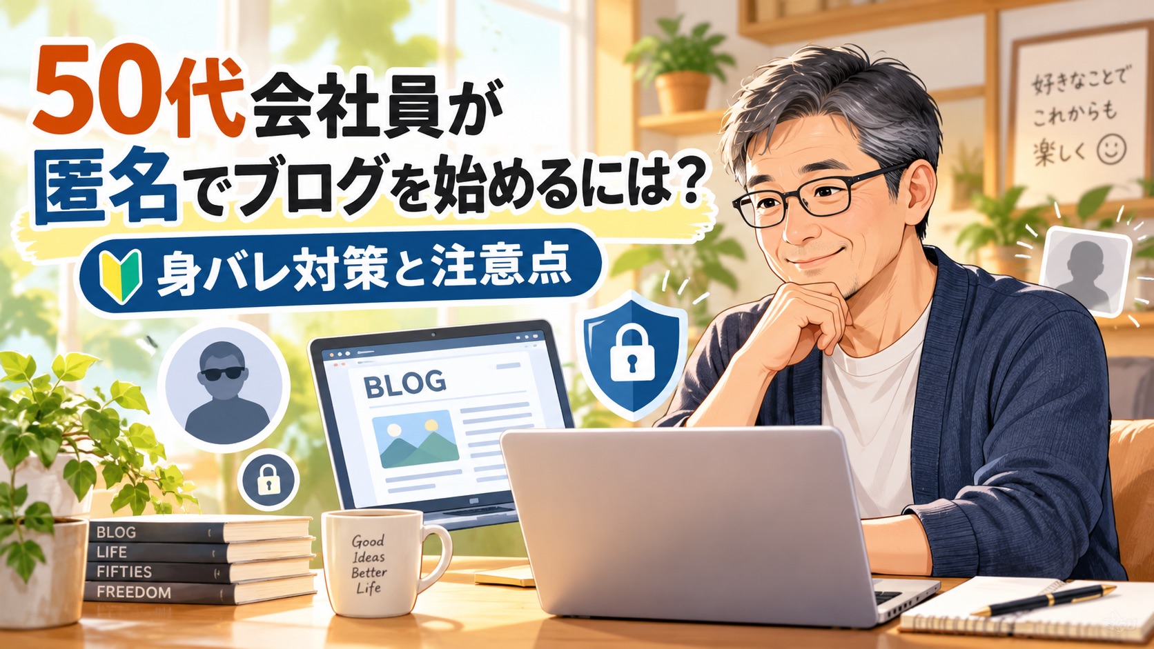 50代の会社員が匿名でWordPressブログを始めるために、身バレ対策や個人情報の公開範囲を確認しているイメージ