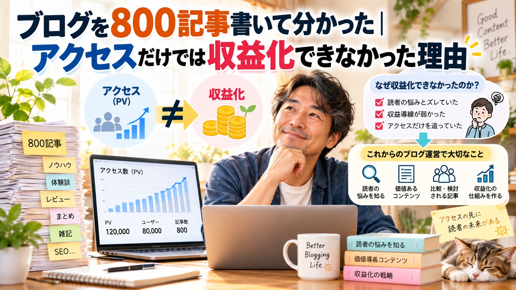 800記事以上書いたブログ運営を振り返り、アクセス数だけでは収益化につながらなかった理由や今後の改善点を考えているイメージ