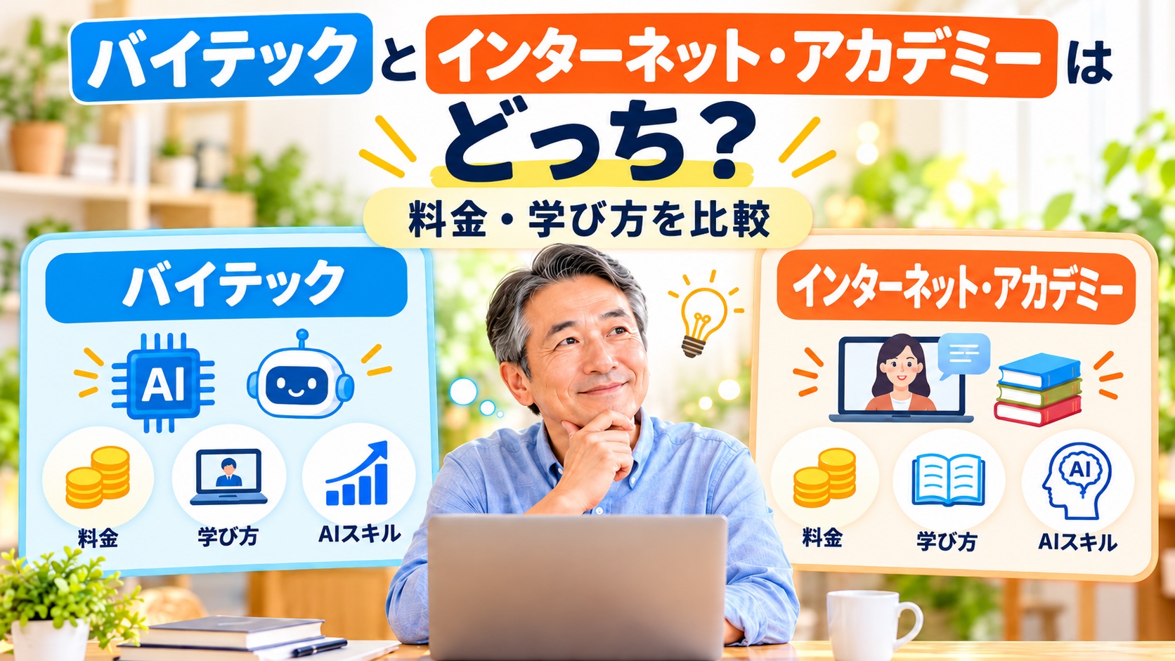 バイテックとインターネット・アカデミーのAIスクールについて、料金や学び方、仕事・副業への活かし方を比較しているイメージ