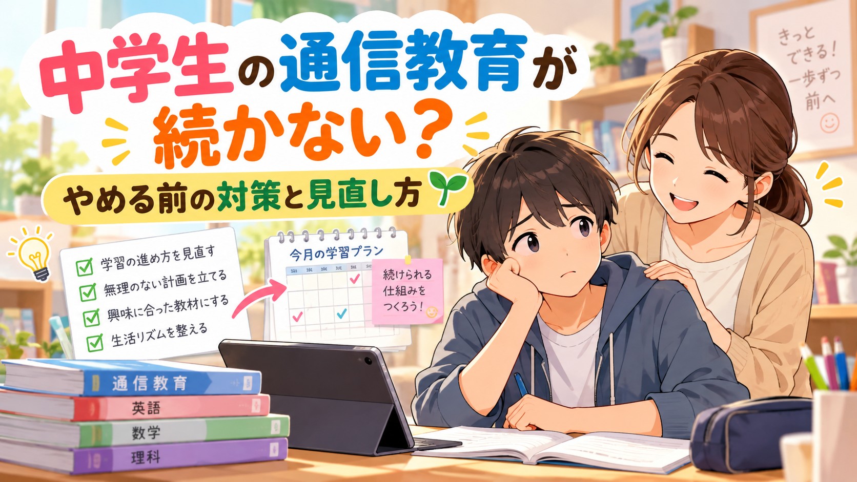 通信教育が続かない中学生と保護者が、学習量や進め方を見直しながら、続けやすい勉強方法を一緒に考えているイメージ