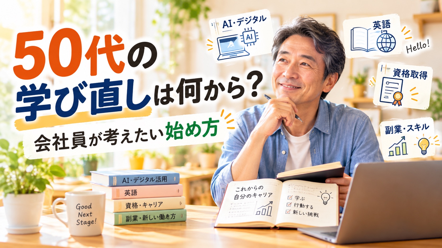 50代の会社員がAIや英語、資格、副業などの学び直しについて、自分に合う始め方を考えているイメージ